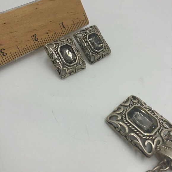 Vintage Bali Style Silver Tone Square Statement Necklace and Pierced Earring Set - Picture 10 of 16